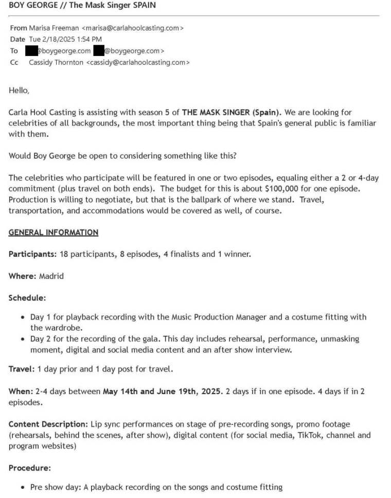 picture of email offering Boy George a $100k to appear on Mask Singer