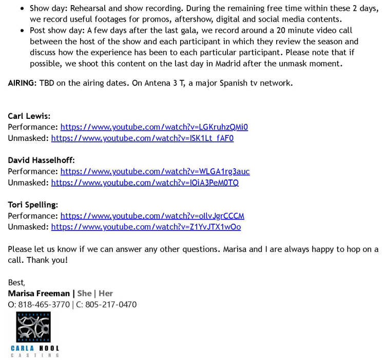 picture of email offering Boy George a $100k to appear on Mask Singer